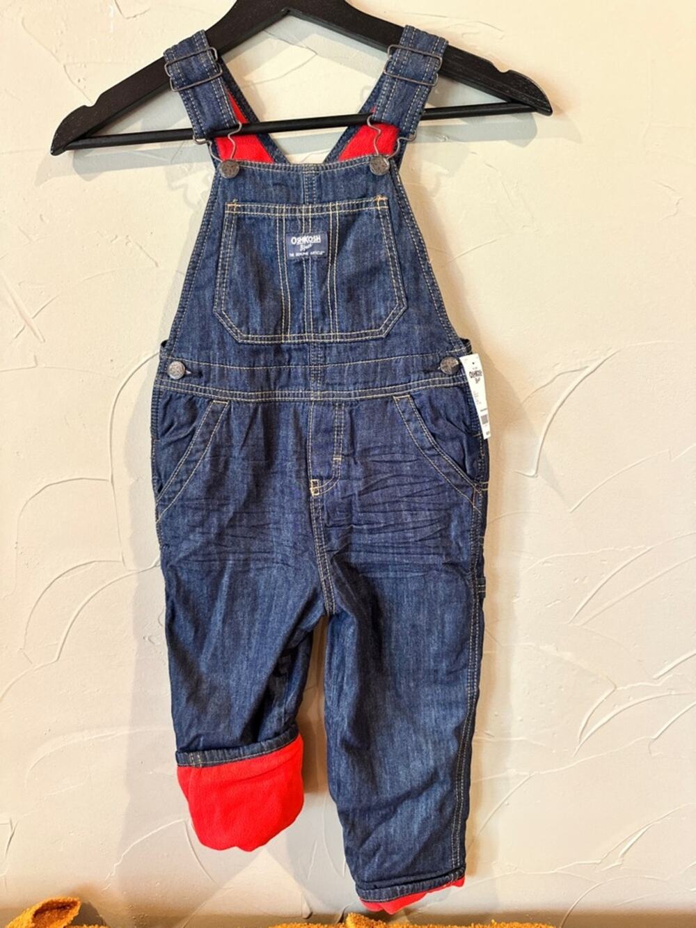 OshKosh B'gosh Dark Blue Denim Overalls with Red fleece Lining